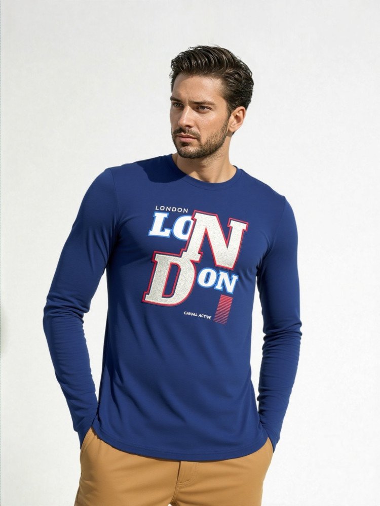MENS LONDN PRINTED & EMBRIODERY LONG SLEEVE T-SHIRT WITH EMBROIDERY & BADGE