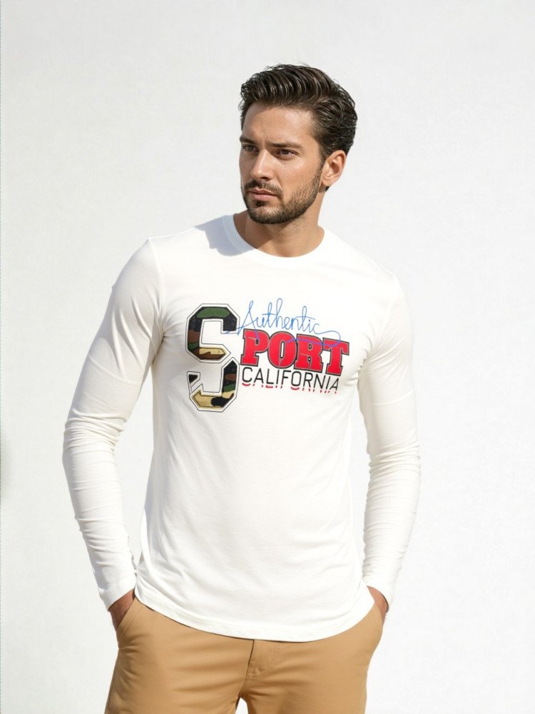 MENS SPORTS PRINTED LONG SLEEVE T-SHIRT WITH EMBROIDERY & BADGE