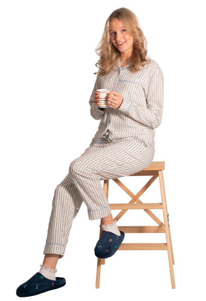 Ladies Cotton Linen White-Navy Stripe  Long Sleeve Sleeping Set